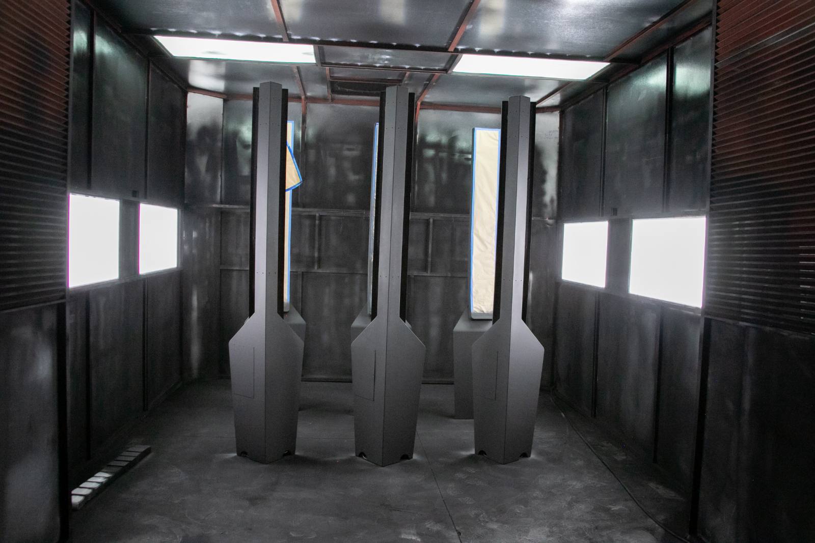 Signage cabinets masked and ready for the paint booth